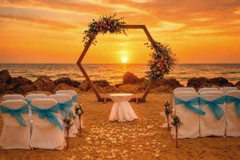 Hexagon floral arch at sunset with draped guest seating and a rose petal aisle — Barefoot Elegance beach wedding package